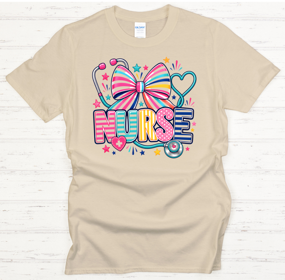 Colorful Nurse Bow and Stethoscope Graphic Shirt on Gildan Softstyle Tee