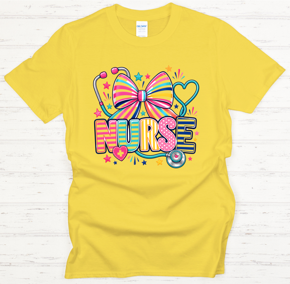 Colorful Nurse Bow and Stethoscope Graphic Shirt on Gildan Softstyle Tee