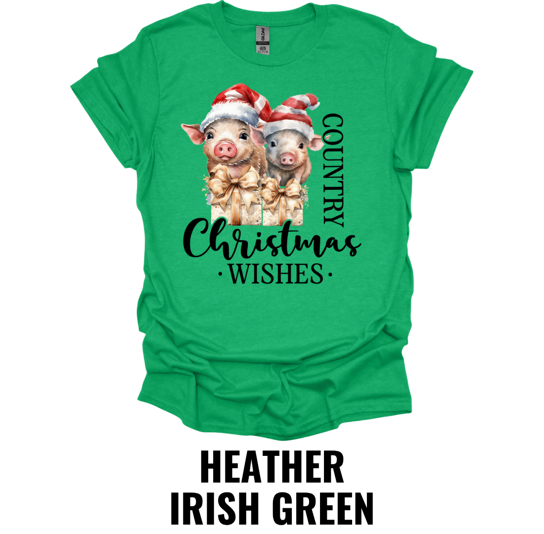 Country Christmas Wishes Pig Shirt – Farmhouse Christmas Pig Holiday Graphic Tee