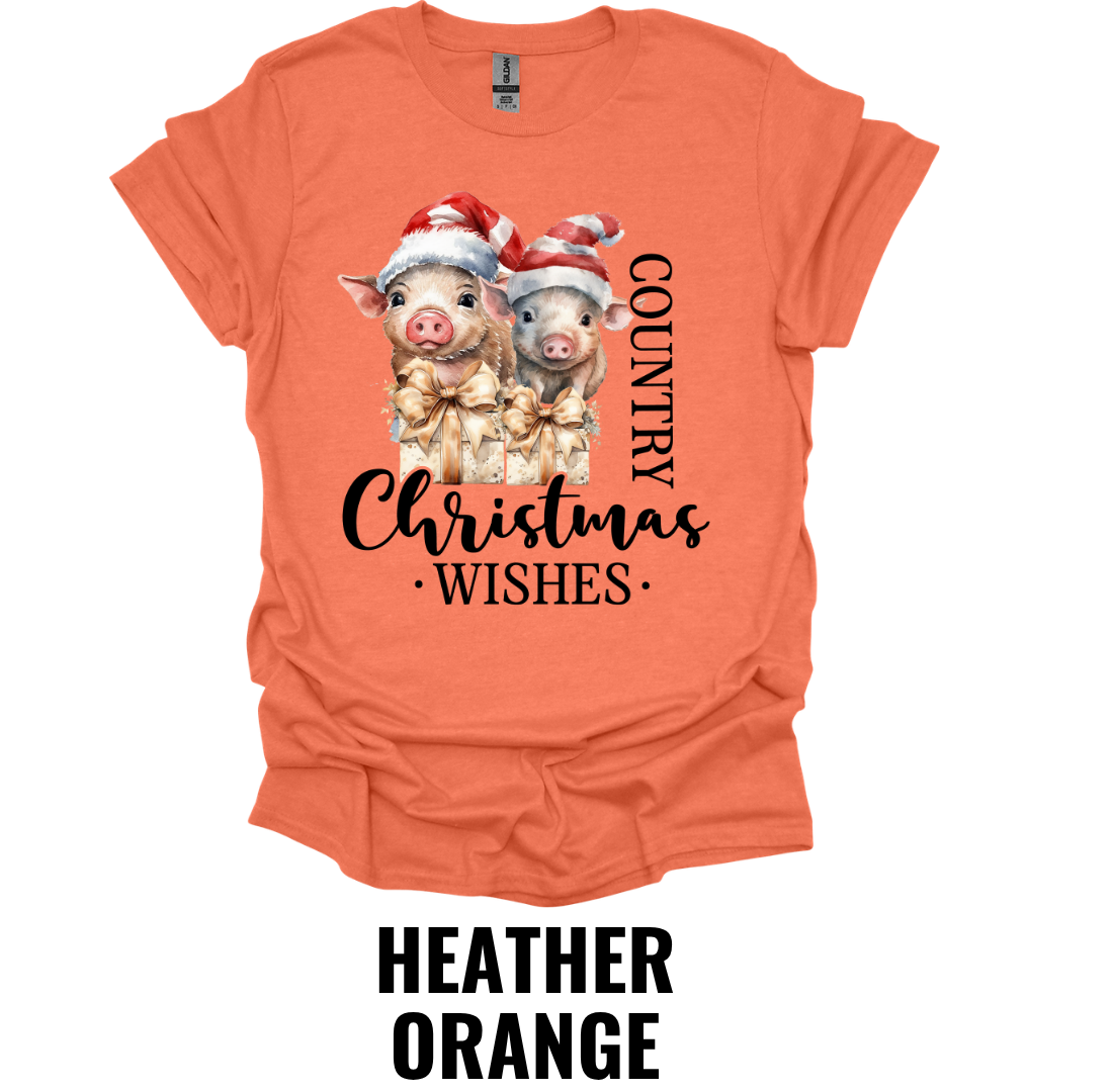 Country Christmas Wishes Pig Shirt – Farmhouse Christmas Pig Holiday Graphic Tee