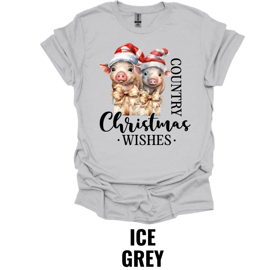 Country Christmas Wishes Pig Shirt – Farmhouse Christmas Pig Holiday Graphic Tee