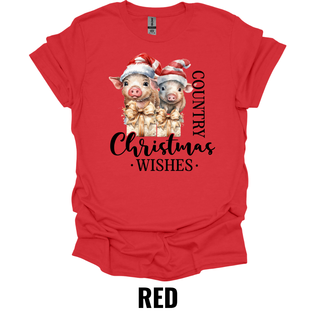 Country Christmas Wishes Pig Shirt – Farmhouse Christmas Pig Holiday Graphic Tee