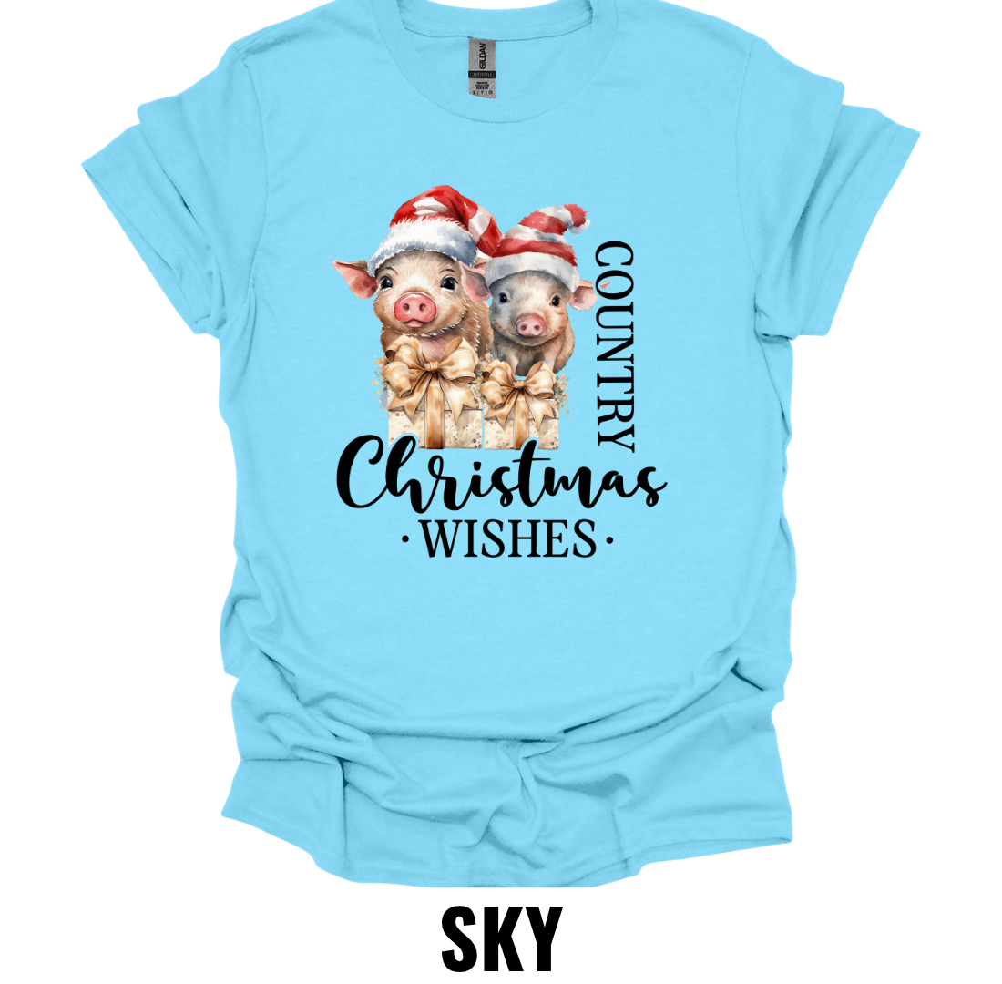 Country Christmas Wishes Pig Shirt – Farmhouse Christmas Pig Holiday Graphic Tee
