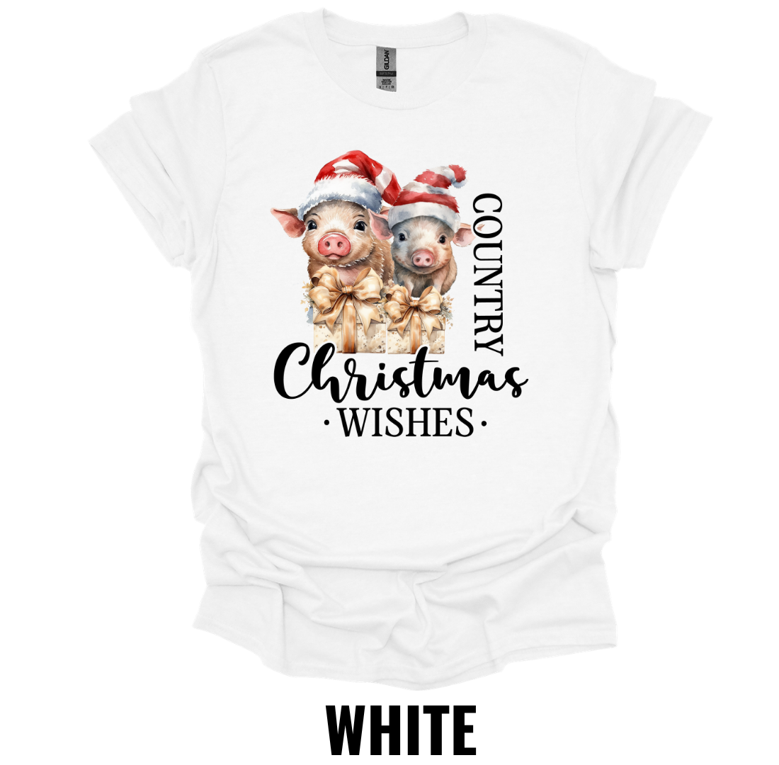 Country Christmas Wishes Pig Shirt – Farmhouse Christmas Pig Holiday Graphic Tee