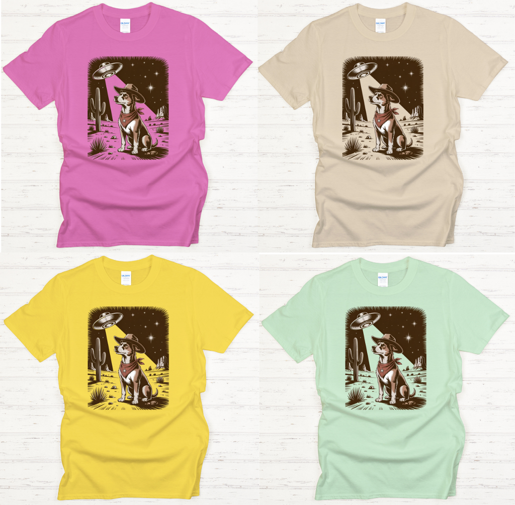 Cowboy Dog UFO Desert Shirt – Retro Western Alien Graphic Tee
