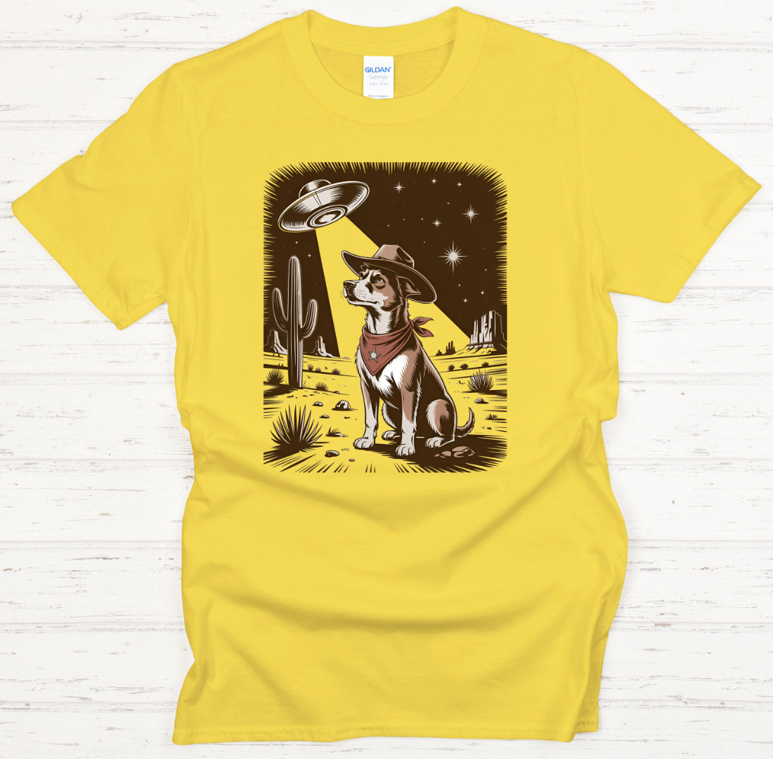 Cowboy Dog UFO Desert Shirt – Retro Western Alien Graphic Tee