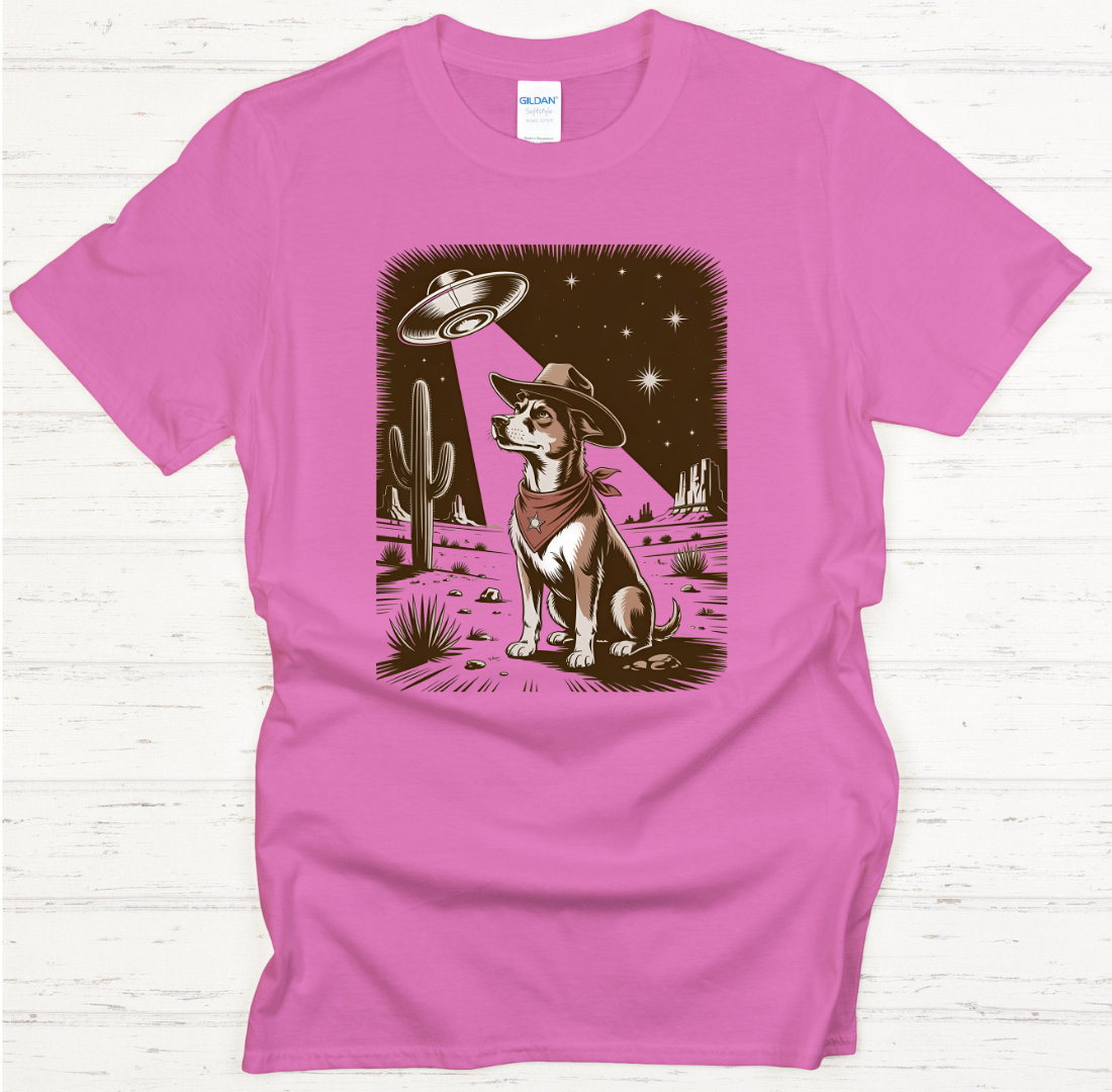 Cowboy Dog UFO Desert Shirt – Retro Western Alien Graphic Tee