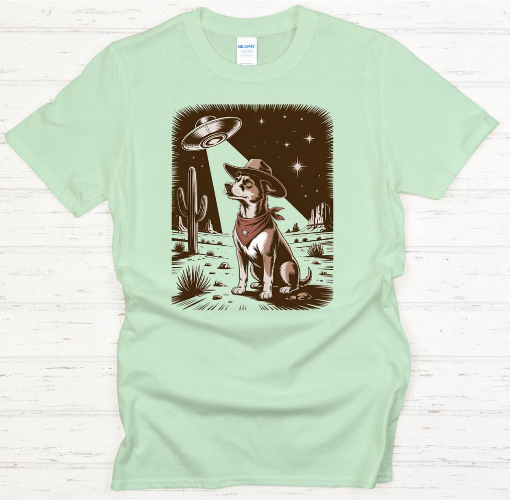 Cowboy Dog UFO Desert Shirt – Retro Western Alien Graphic Tee
