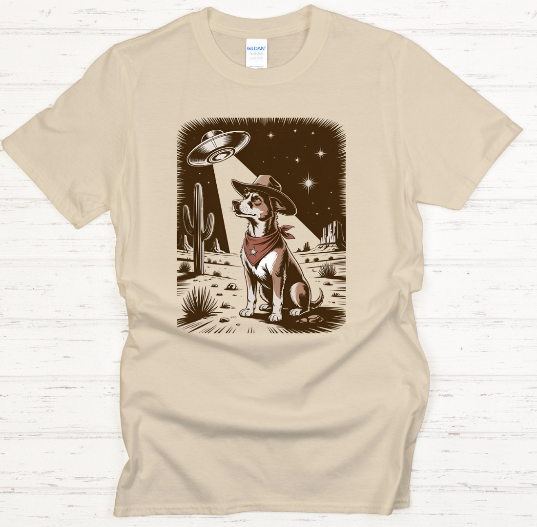 Cowboy Dog UFO Desert Shirt – Retro Western Alien Graphic Tee