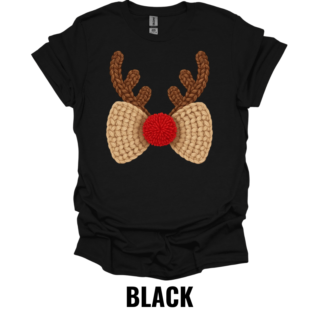 Crochet Reindeer Bow Christmas Shirt – Rustic Holiday Bow and Antler Graphic Tee