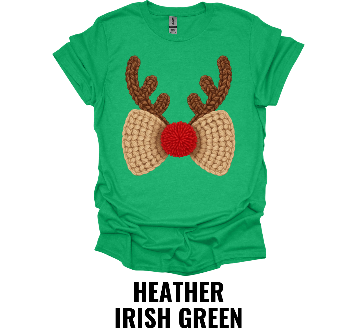 Crochet Reindeer Bow Christmas Shirt – Rustic Holiday Bow and Antler Graphic Tee