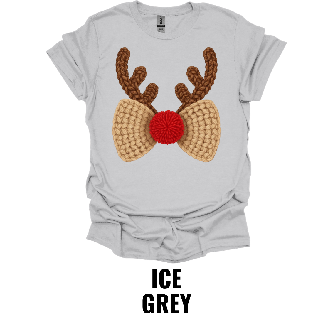 Crochet Reindeer Bow Christmas Shirt – Rustic Holiday Bow and Antler Graphic Tee