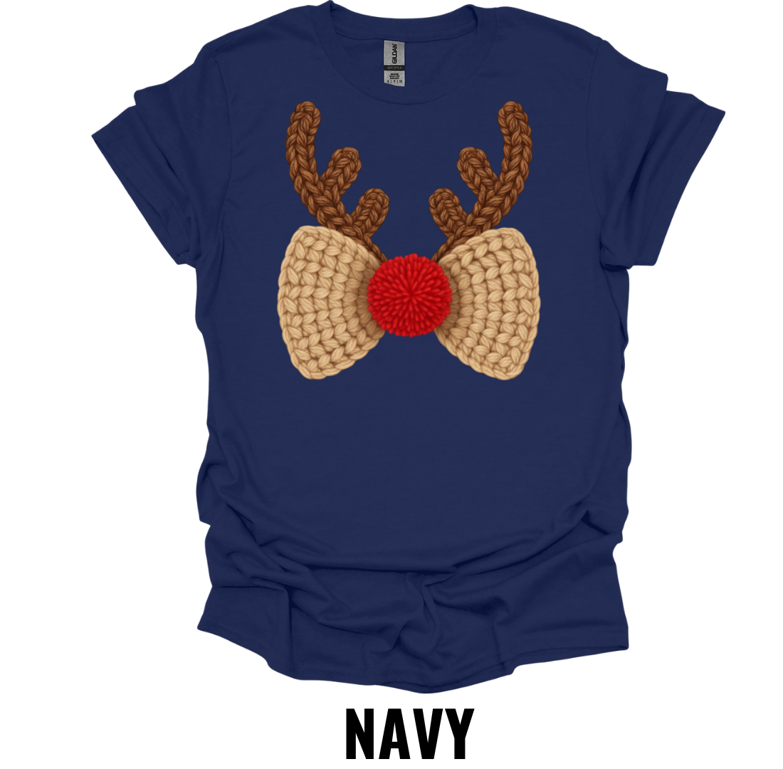 Crochet Reindeer Bow Christmas Shirt – Rustic Holiday Bow and Antler Graphic Tee