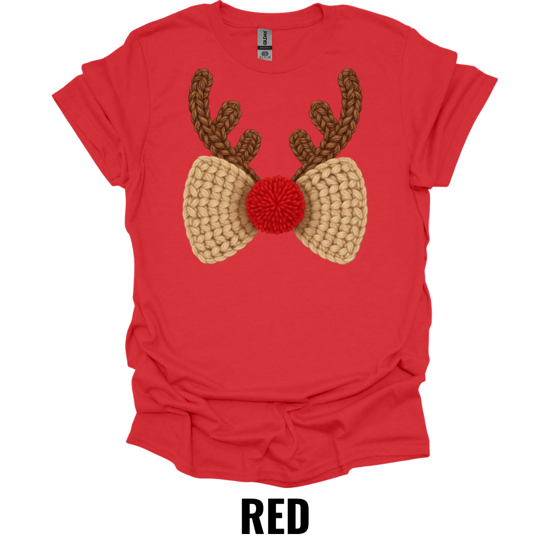 Crochet Reindeer Bow Christmas Shirt – Rustic Holiday Bow and Antler Graphic Tee