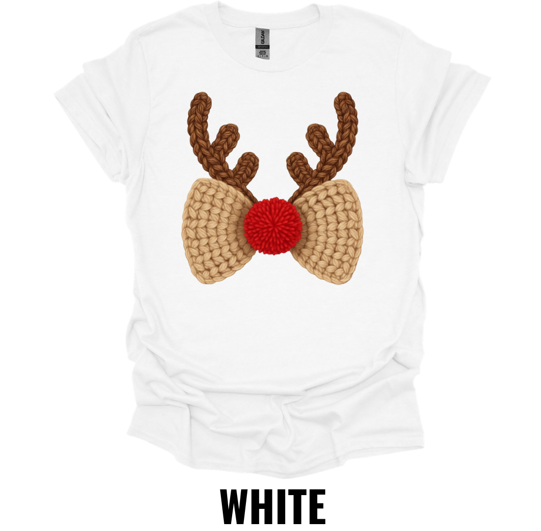 Crochet Reindeer Bow Christmas Shirt – Rustic Holiday Bow and Antler Graphic Tee