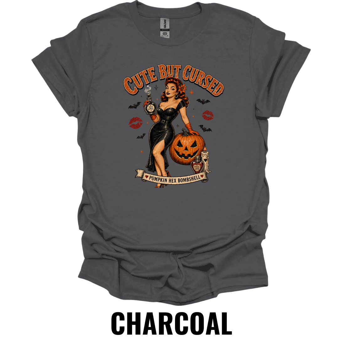 Cute But Cursed T-Shirt – Vintage Halloween Pin Up Witch Graphic Tee Spooky Pumpkin Shirt