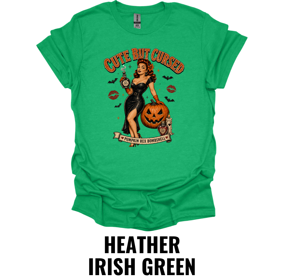 Cute But Cursed T-Shirt – Vintage Halloween Pin Up Witch Graphic Tee Spooky Pumpkin Shirt