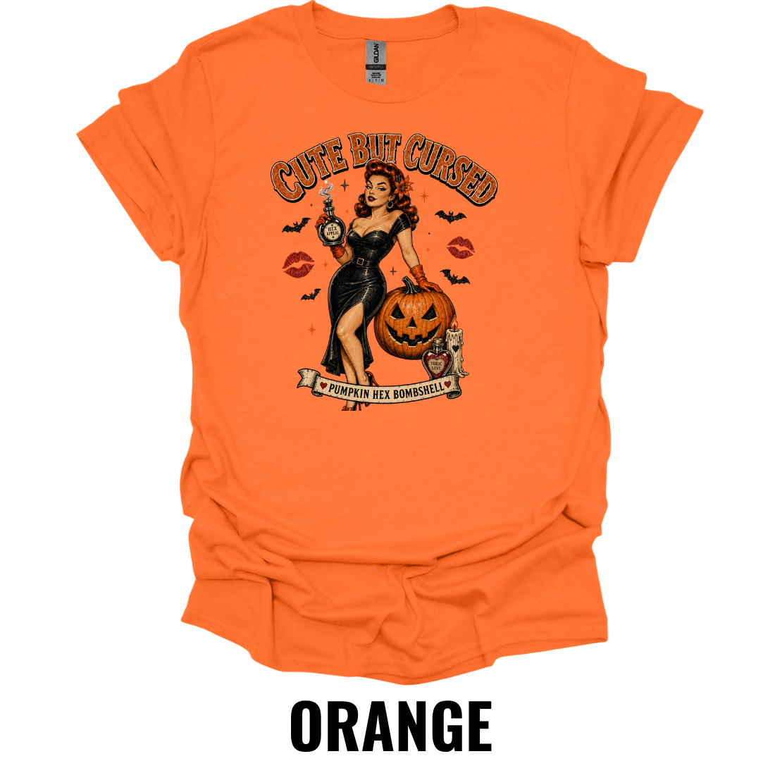 Cute But Cursed T-Shirt – Vintage Halloween Pin Up Witch Graphic Tee Spooky Pumpkin Shirt