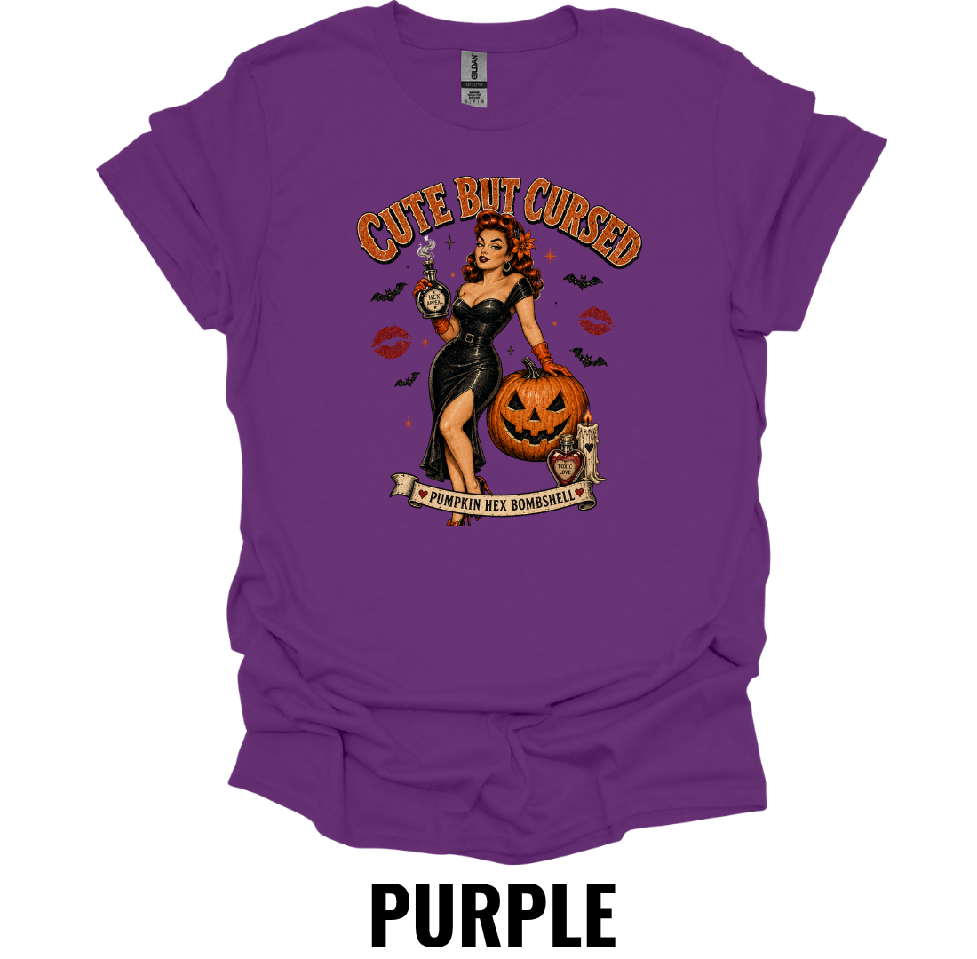 Cute But Cursed T-Shirt – Vintage Halloween Pin Up Witch Graphic Tee Spooky Pumpkin Shirt