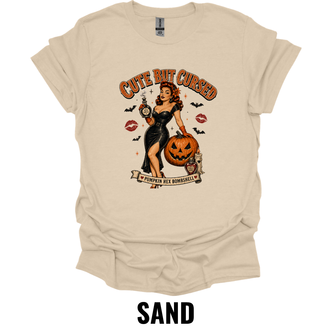 Cute But Cursed T-Shirt – Vintage Halloween Pin Up Witch Graphic Tee Spooky Pumpkin Shirt
