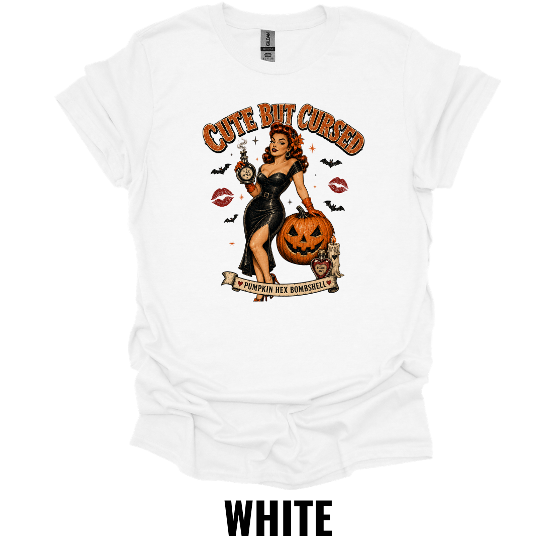 Cute But Cursed T-Shirt – Vintage Halloween Pin Up Witch Graphic Tee Spooky Pumpkin Shirt