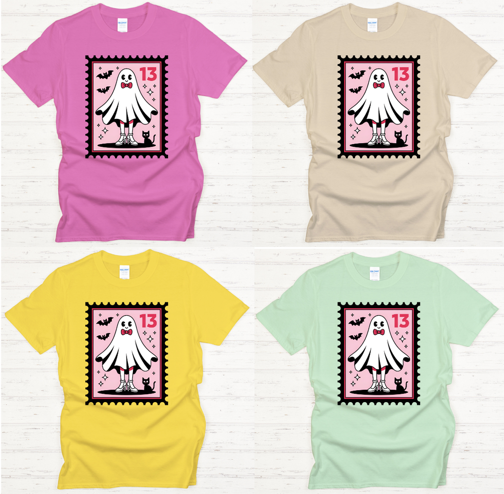 Cute Ghost Friday the 13th Shirt – Spooky Pink Halloween Stamp Tee