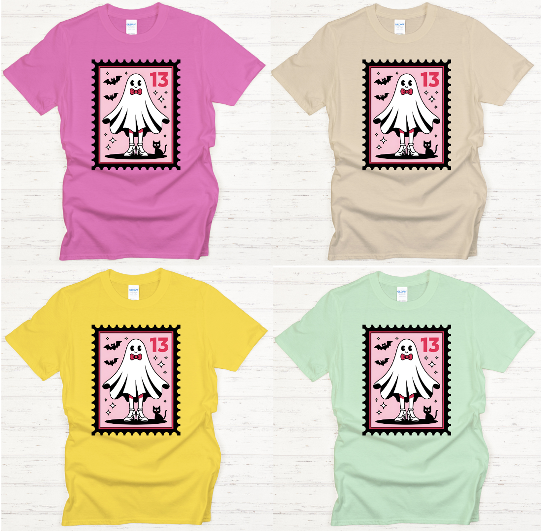 Cute Ghost Friday the 13th Shirt – Spooky Pink Halloween Stamp Tee