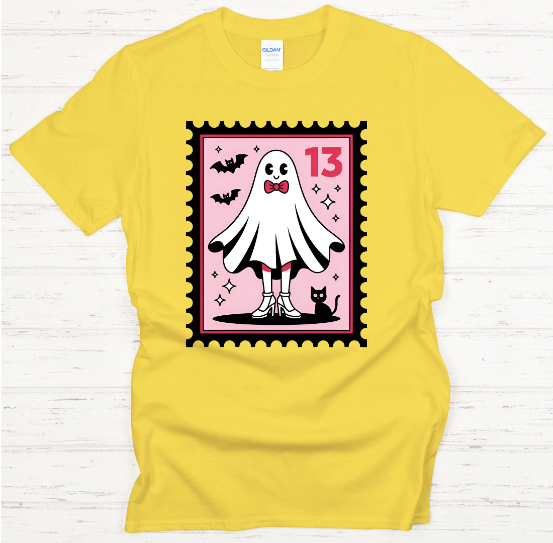 Cute Ghost Friday the 13th Shirt – Spooky Pink Halloween Stamp Tee