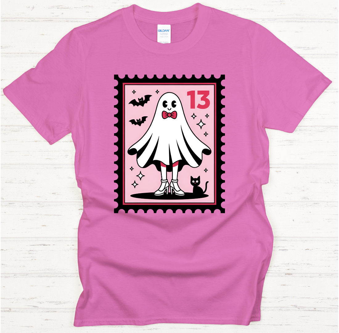 Cute Ghost Friday the 13th Shirt – Spooky Pink Halloween Stamp Tee