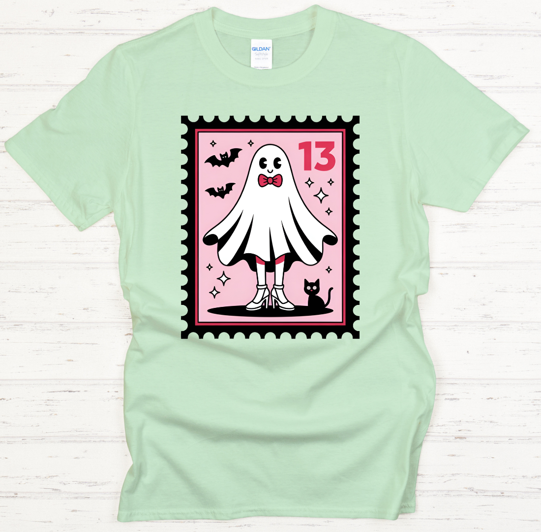 Cute Ghost Friday the 13th Shirt – Spooky Pink Halloween Stamp Tee