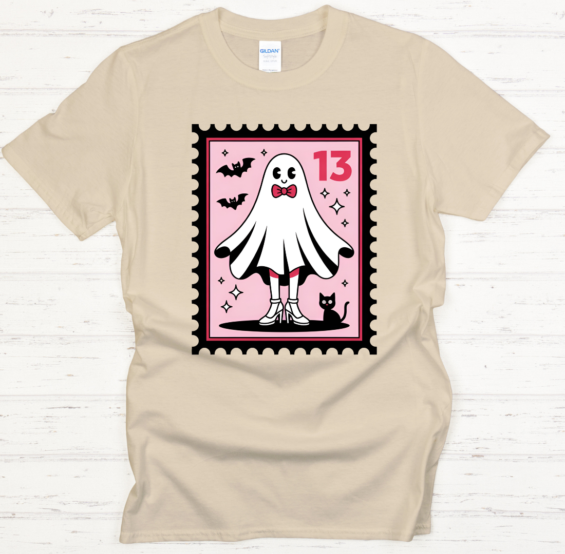 Cute Ghost Friday the 13th Shirt – Spooky Pink Halloween Stamp Tee