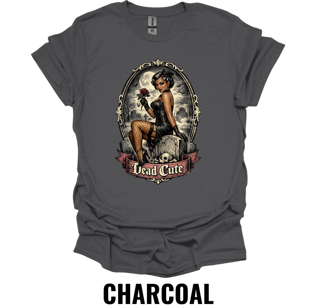 Dead Cute T-Shirt – Gothic Pin Up Halloween Graphic Tee Vintage Spooky Girl Shirt
