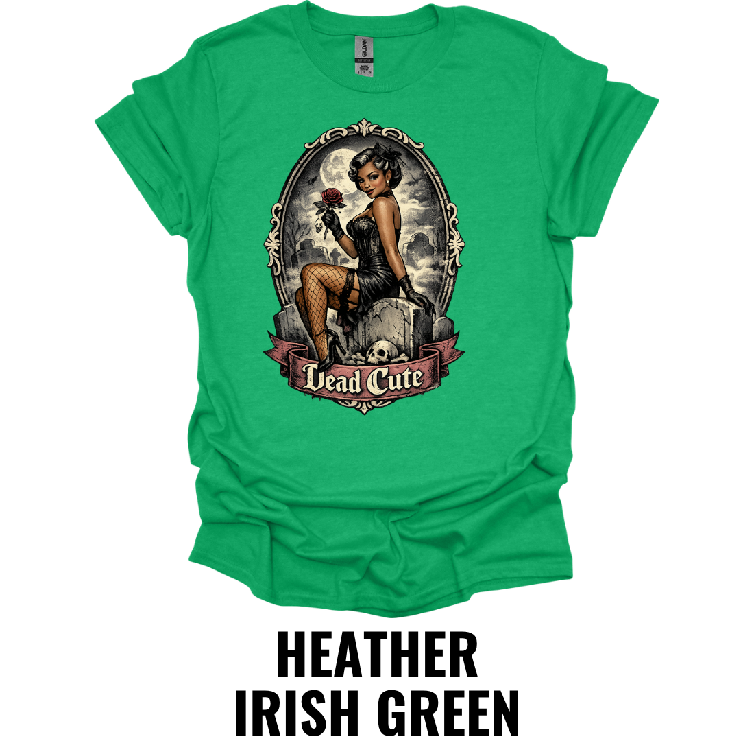 Dead Cute T-Shirt – Gothic Pin Up Halloween Graphic Tee Vintage Spooky Girl Shirt