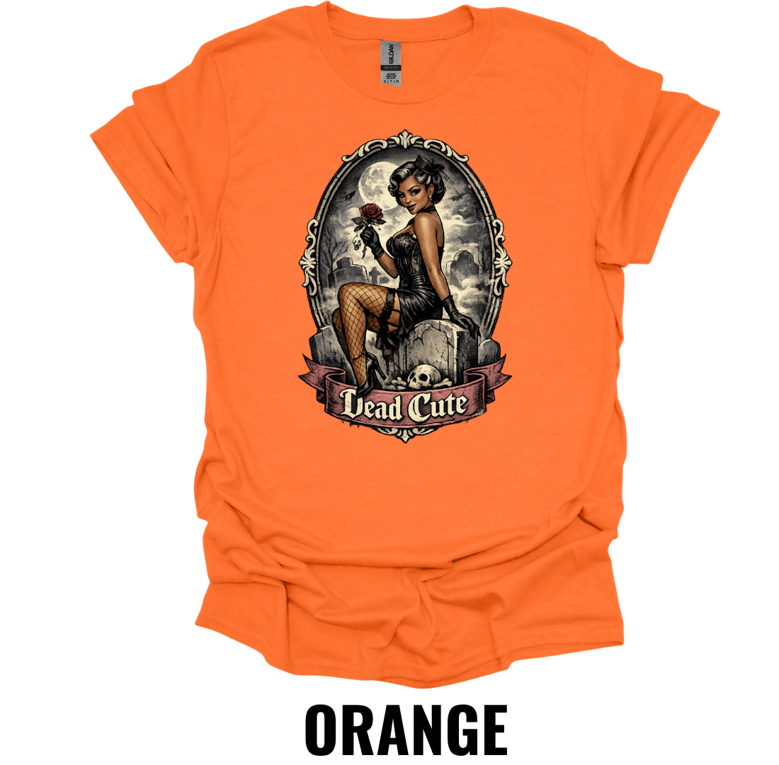Dead Cute T-Shirt – Gothic Pin Up Halloween Graphic Tee Vintage Spooky Girl Shirt