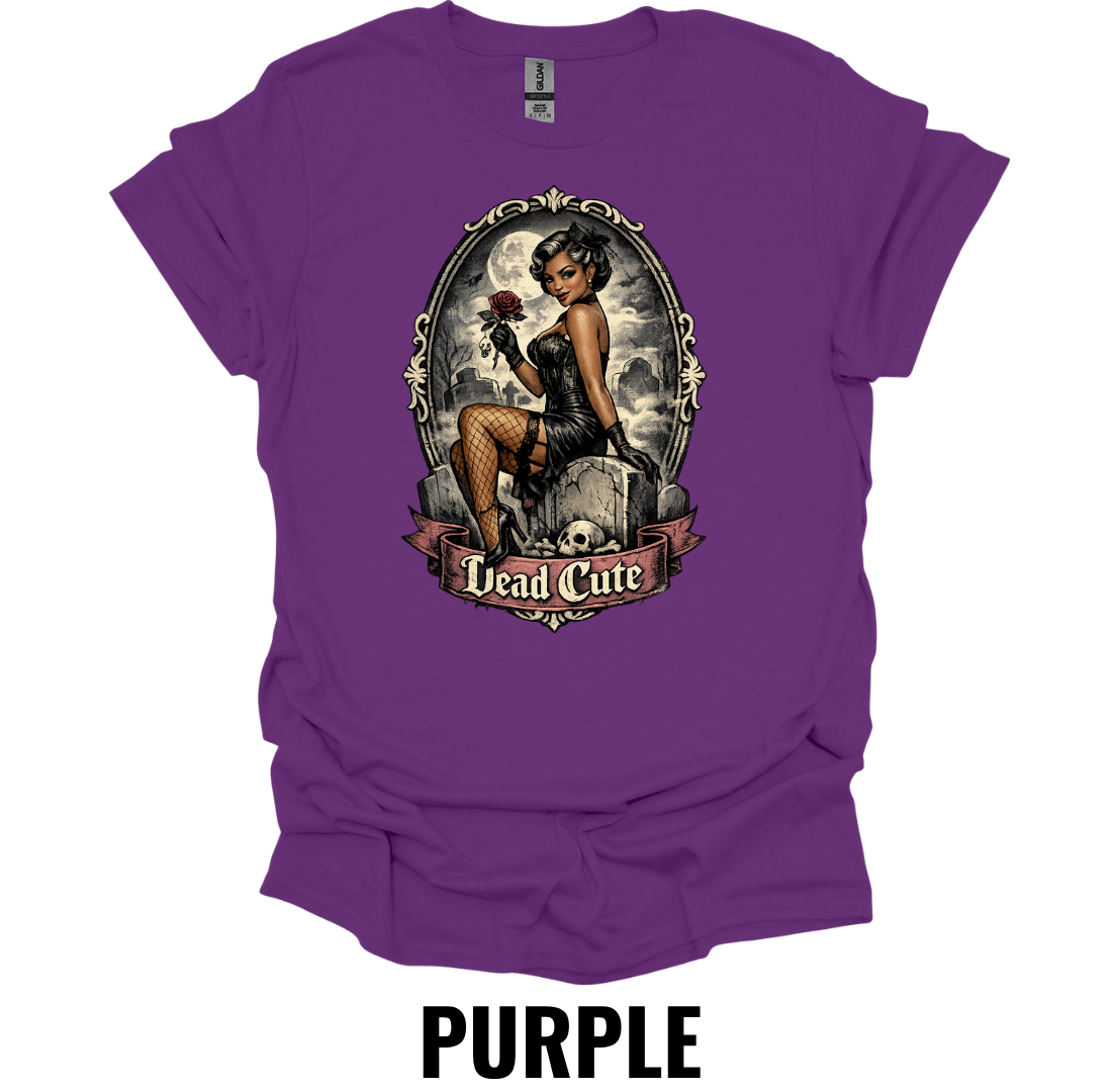 Dead Cute T-Shirt – Gothic Pin Up Halloween Graphic Tee Vintage Spooky Girl Shirt