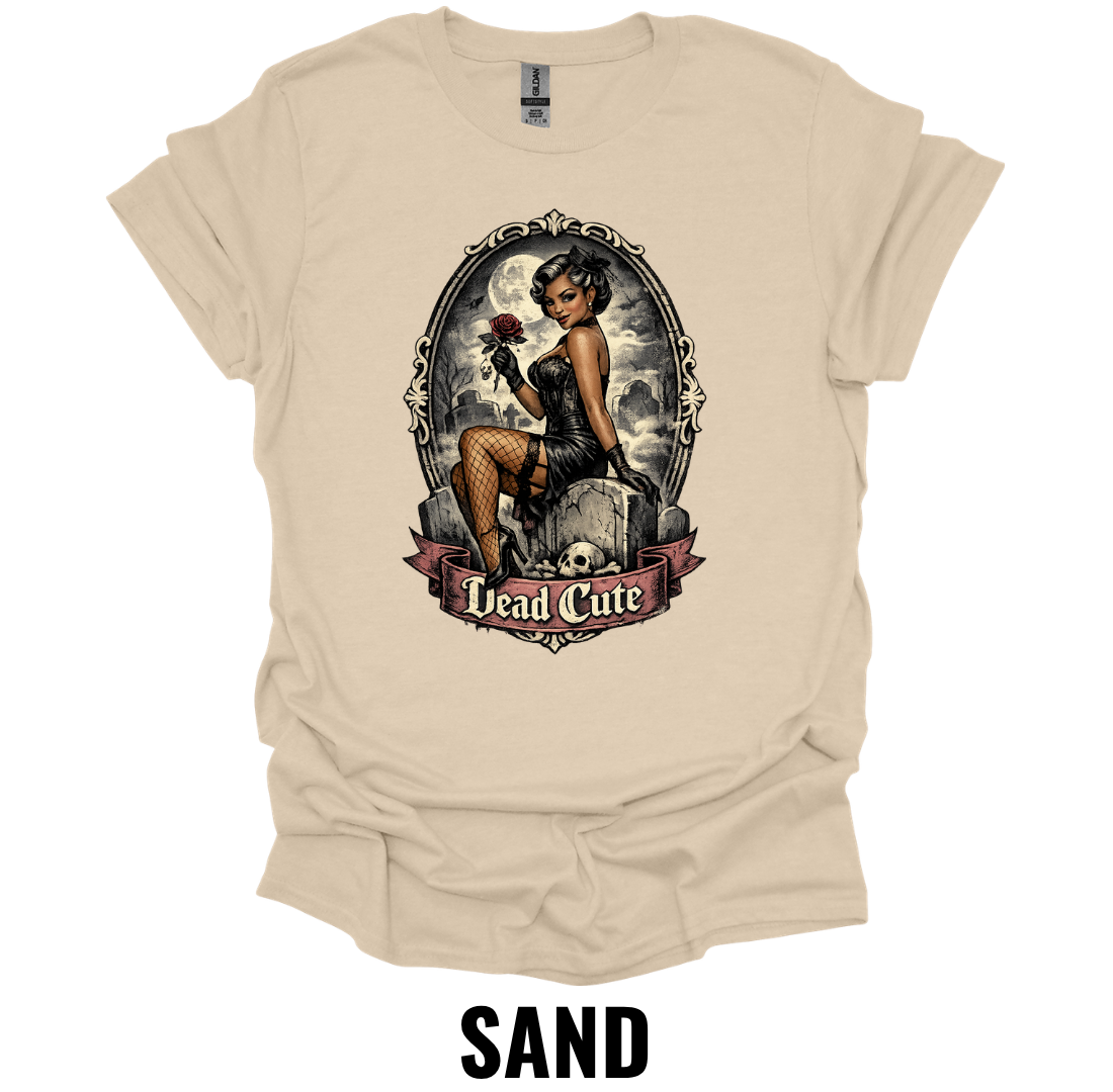 Dead Cute T-Shirt – Gothic Pin Up Halloween Graphic Tee Vintage Spooky Girl Shirt