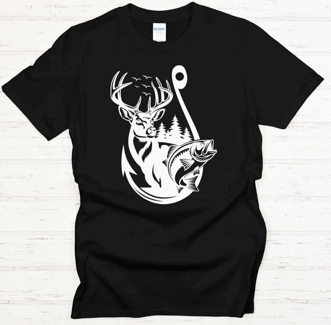 Deer and Fish Hook Graphic Shirt on Gildan Softstyle Tee