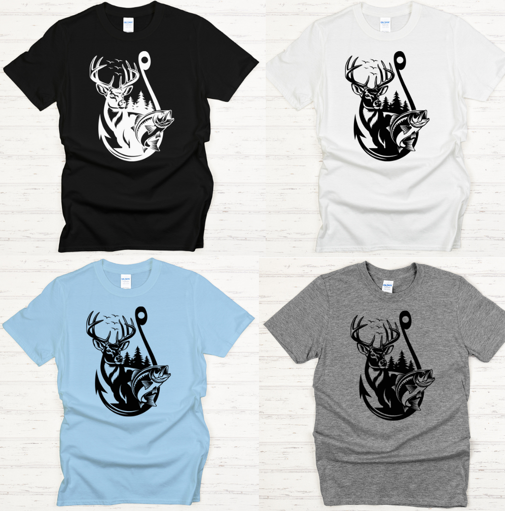 Deer and Fish Hook Graphic Shirt on Gildan Softstyle Tee