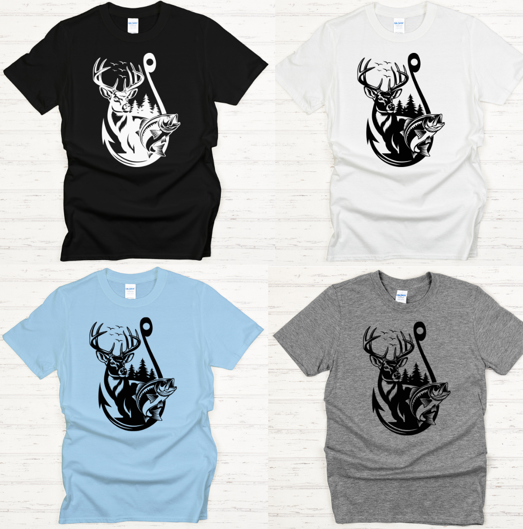 Deer and Fish Hook Graphic Shirt on Gildan Softstyle Tee