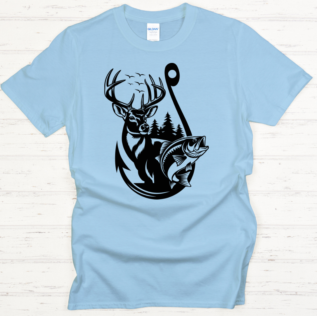 Deer and Fish Hook Graphic Shirt on Gildan Softstyle Tee