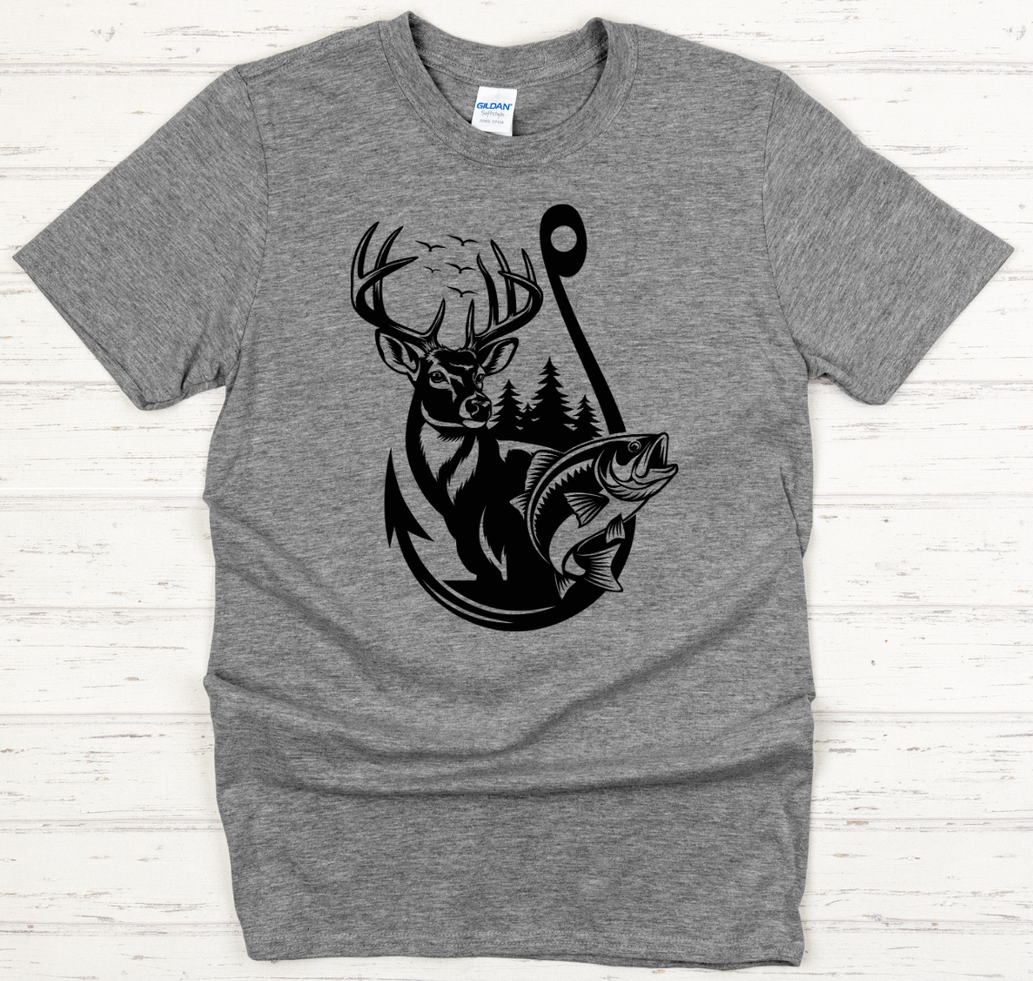 Deer and Fish Hook Graphic Shirt on Gildan Softstyle Tee