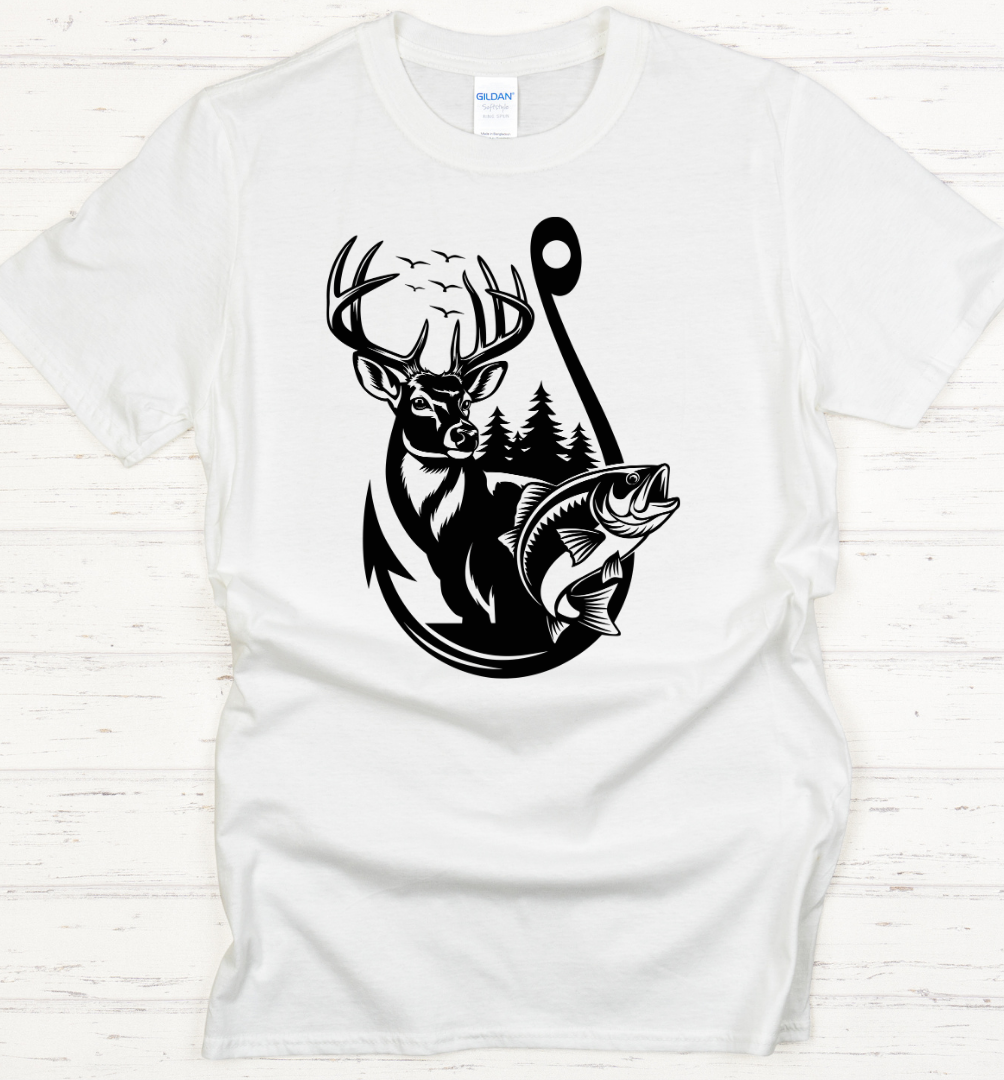 Deer and Fish Hook Graphic Shirt on Gildan Softstyle Tee