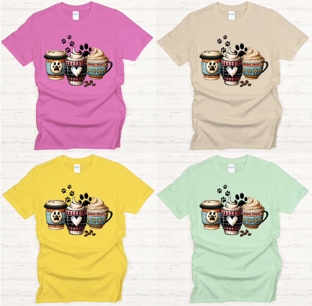 Dog Mom Coffee Cups Paw Print Graphic Shirt on Gildan Softstyle Tee