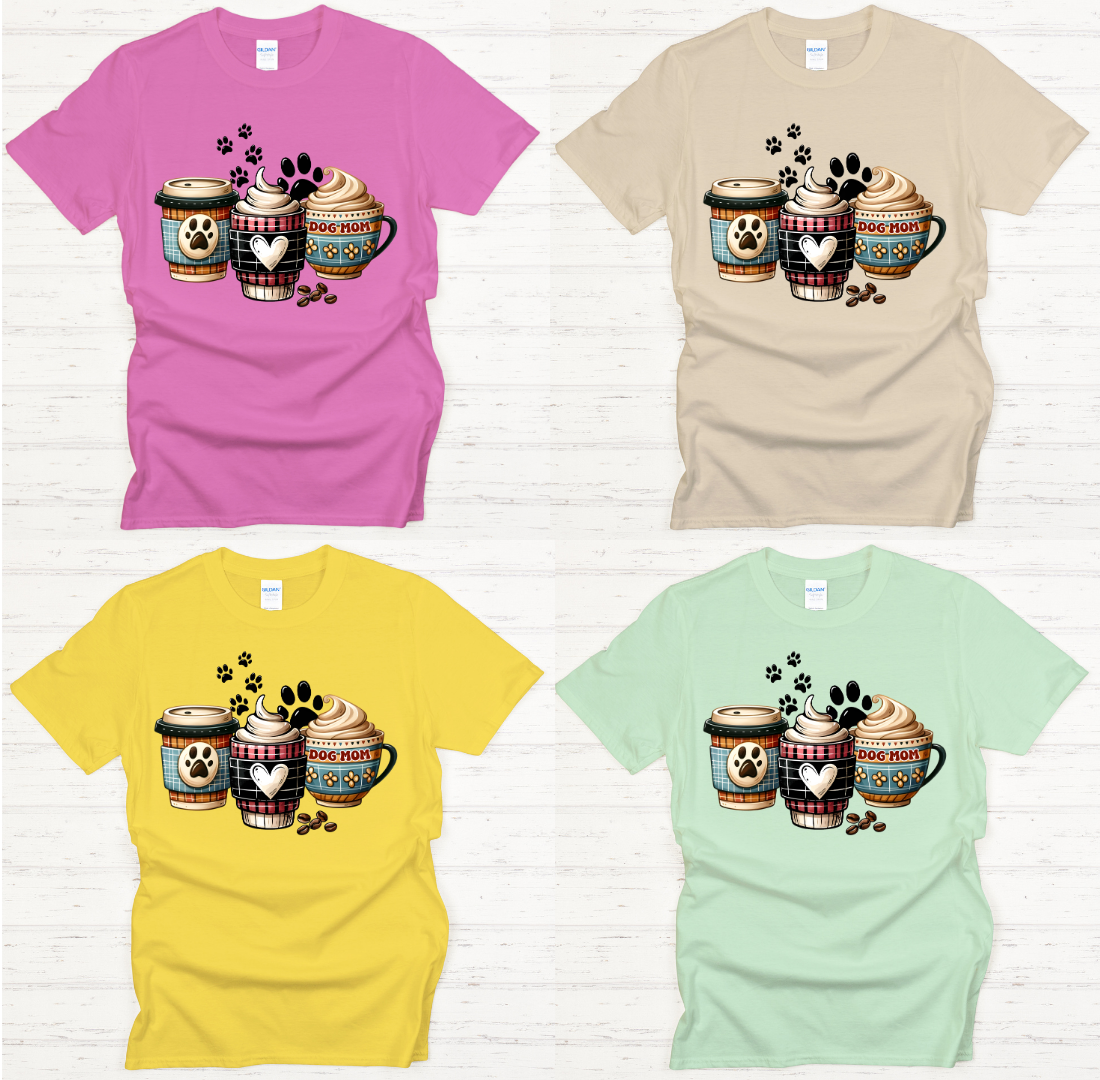 Dog Mom Coffee Cups Paw Print Graphic Shirt on Gildan Softstyle Tee