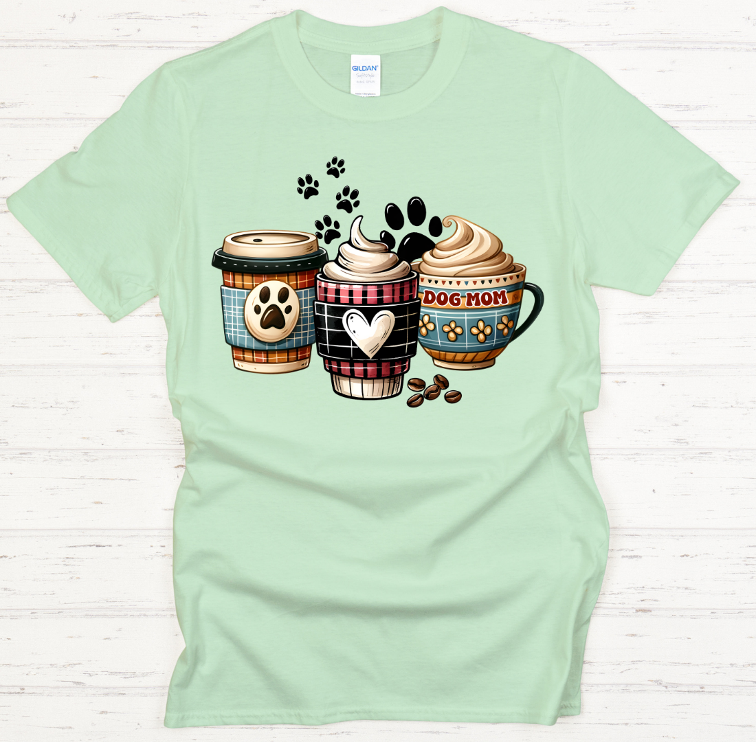 Dog Mom Coffee Cups Paw Print Graphic Shirt on Gildan Softstyle Tee