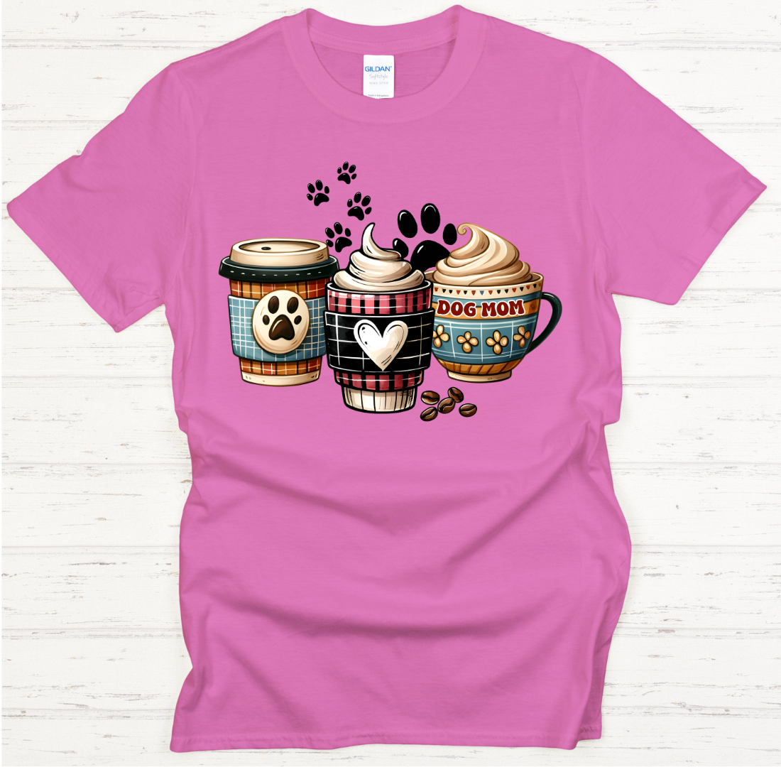 Dog Mom Coffee Cups Paw Print Graphic Shirt on Gildan Softstyle Tee
