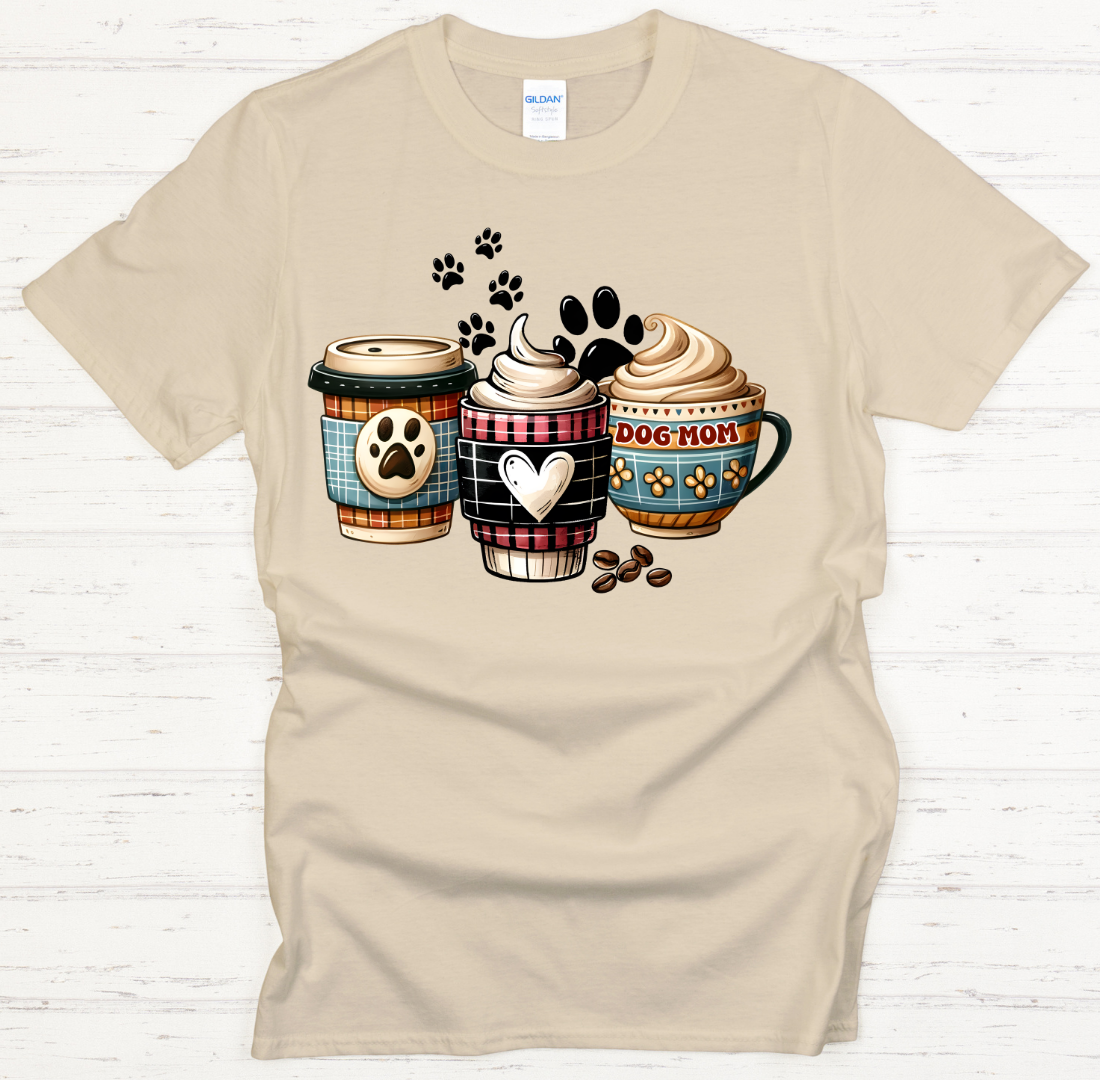 Dog Mom Coffee Cups Paw Print Graphic Shirt on Gildan Softstyle Tee