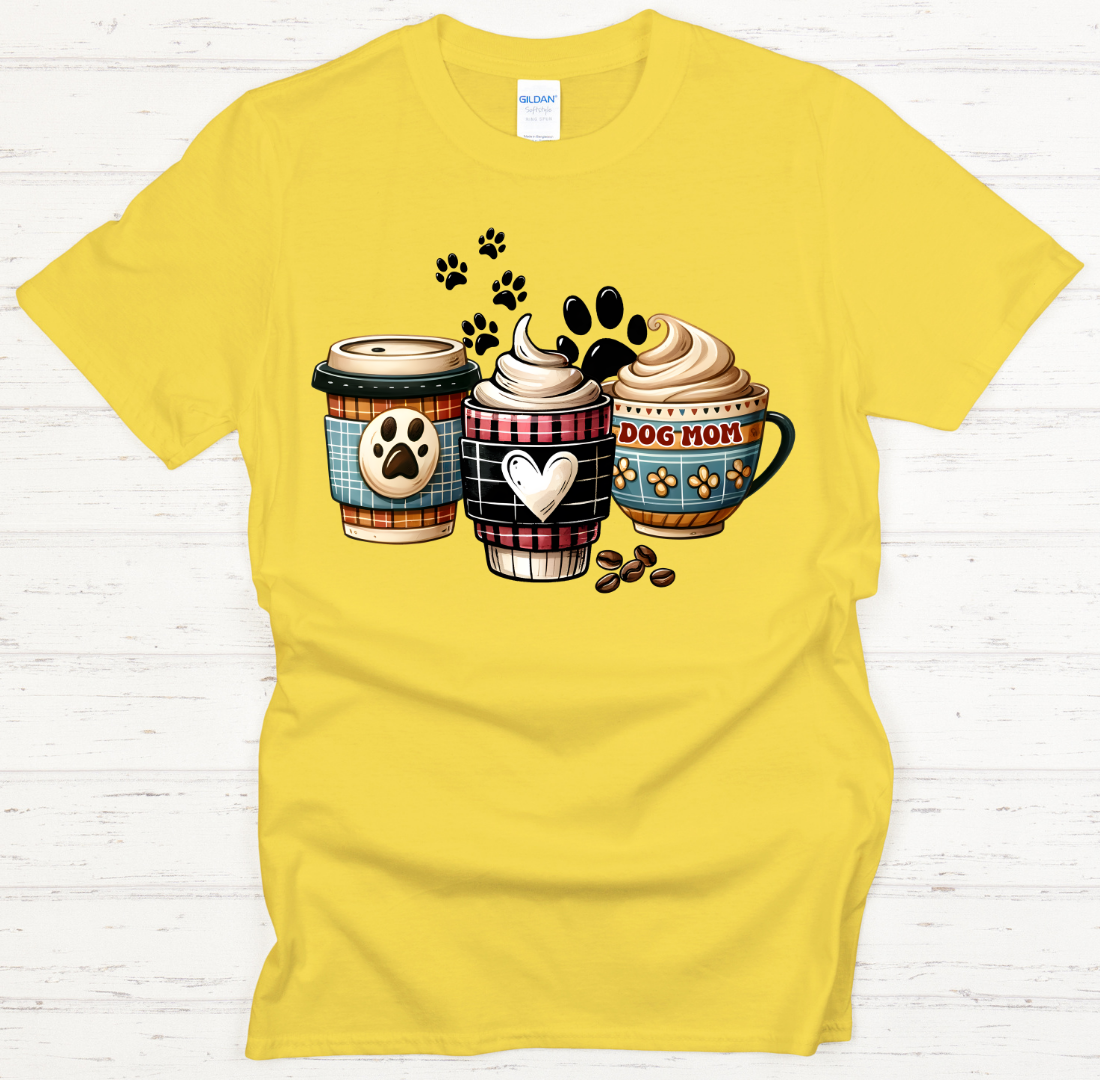 Dog Mom Coffee Cups Paw Print Graphic Shirt on Gildan Softstyle Tee