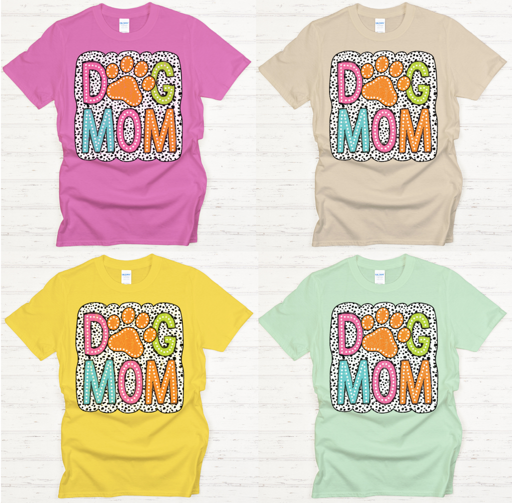 Dog Mom Colorful Paw Print Graphic Shirt on Gildan Softstyle Tee