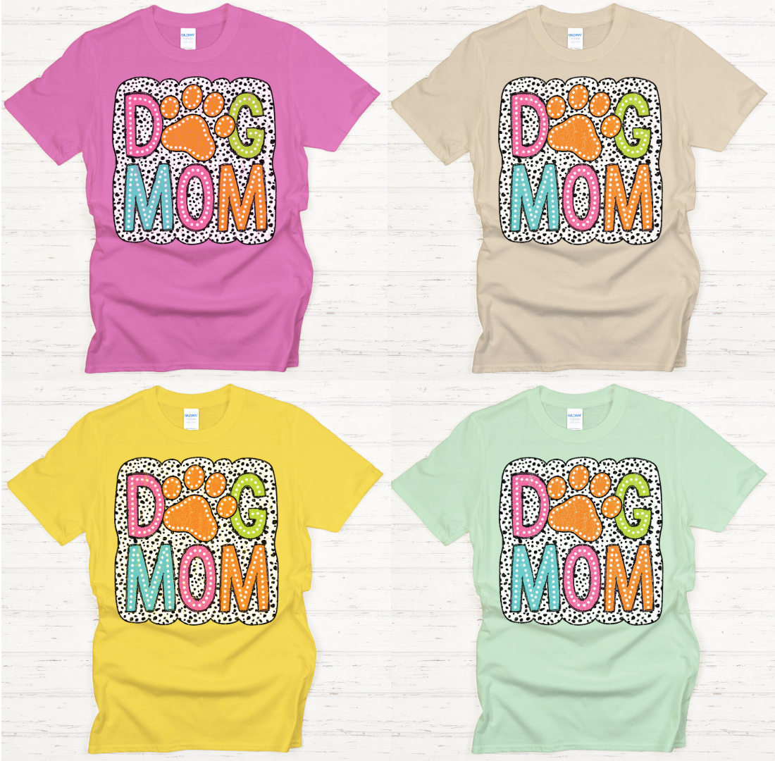 Dog Mom Colorful Paw Print Graphic Shirt on Gildan Softstyle Tee